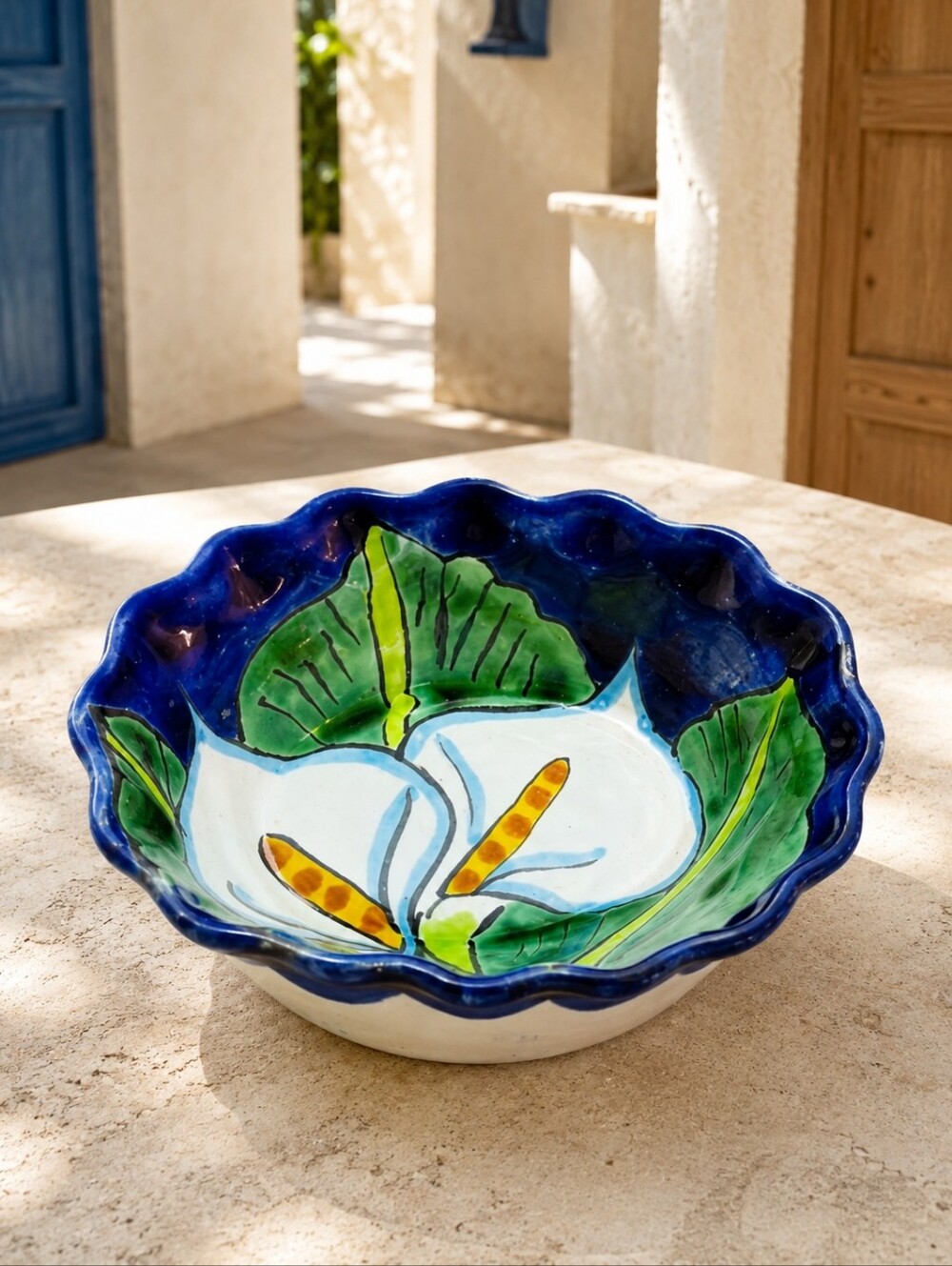 Vintage Mexican Calla Lily Pottery Bowl Hand Painted Cobalt Blue 5.5"